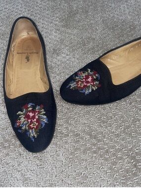 Ralph Lauren Black Needlepoint Floral Ballet Flats